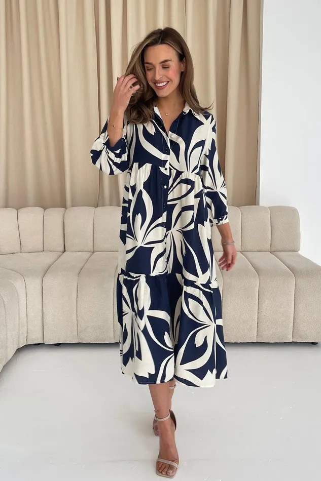 Girl In Mind Maxi Dresses Emery 34 Sleeve Smock Maxi Shirt Dress Navy 8211 Women