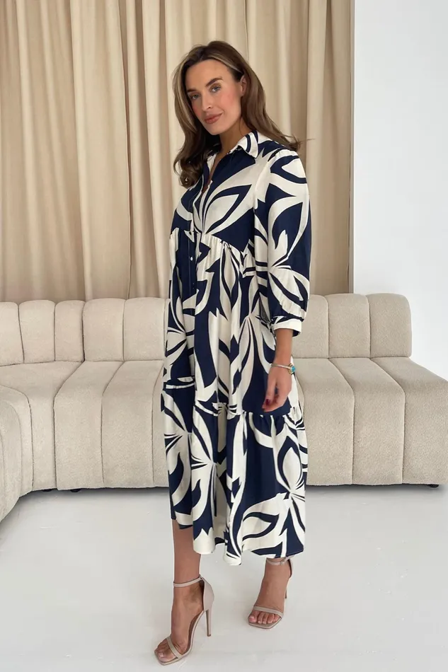 Girl In Mind Maxi Dresses Emery 34 Sleeve Smock Maxi Shirt Dress Navy 8211 Women