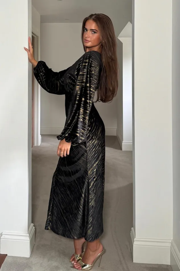 Girl In Mind Maxi Dresses London V Neck Long Sleeve Maxi Dress In Black And Gold Velvet 8211 Women