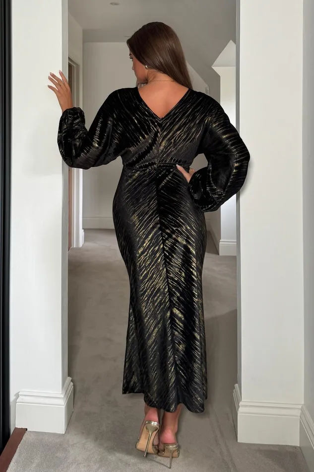 Girl In Mind Maxi Dresses London V Neck Long Sleeve Maxi Dress In Black And Gold Velvet 8211 Women