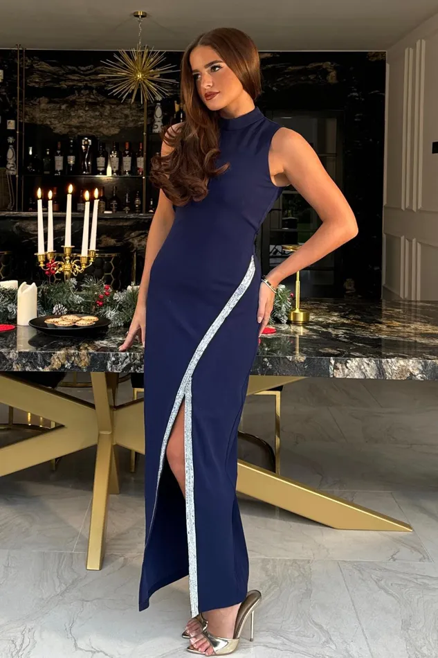 Girl In Mind Maxi Dresses Thalia High Neck Maxi With Crystal Split Detail Navy 8211 Women