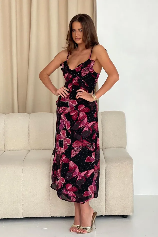 Girl In Mind Midi Dresses Ainsley Frill Detail Diamond Butterfly Print Midi Dress Black 8211 Women