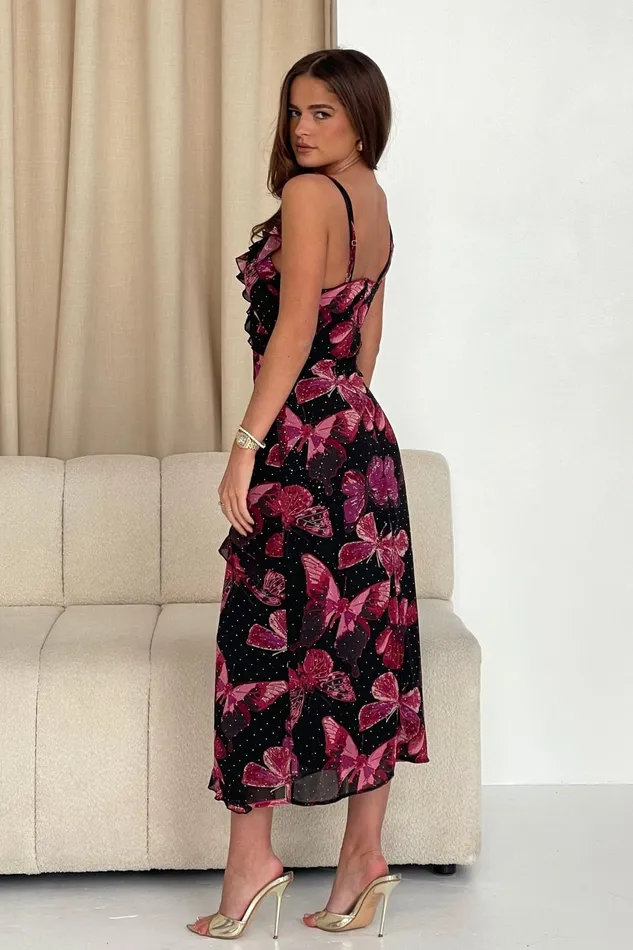 Girl In Mind Midi Dresses Ainsley Frill Detail Diamond Butterfly Print Midi Dress Black 8211 Women