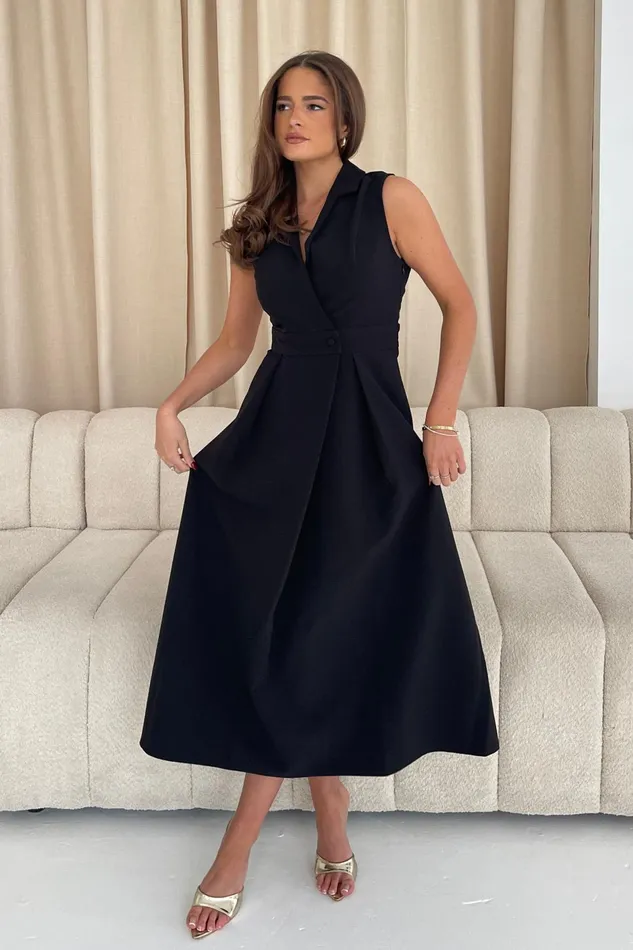 Girl In Mind Midi Dresses Cameron Collared Tailored Shirt Dress Black 8211 Women