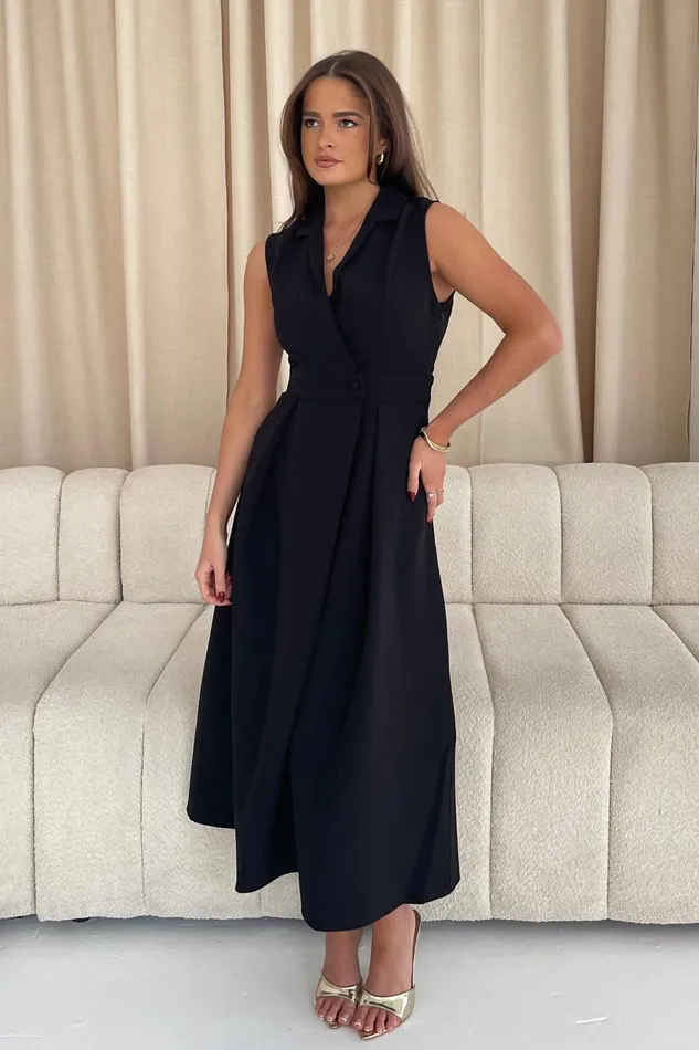 Girl In Mind Midi Dresses Cameron Collared Tailored Shirt Dress Black 8211 Women