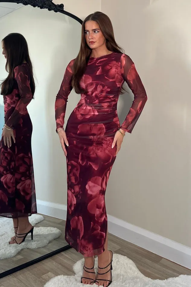 Girl In Mind Midi Dresses Riley Long Sleeve Mesh Midi Dress Wine Floral 8211 Women Girl In Mind Midi Dresses Riley Long Sleeve Mesh Midi Dress Wine Floral 8211 Women