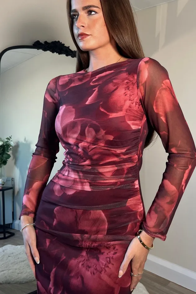 Girl In Mind Midi Dresses Riley Long Sleeve Mesh Midi Dress Wine Floral 8211 Women