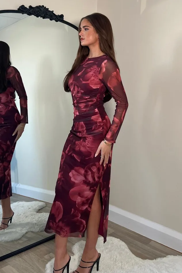 Girl In Mind Midi Dresses Riley Long Sleeve Mesh Midi Dress Wine Floral 8211 Women