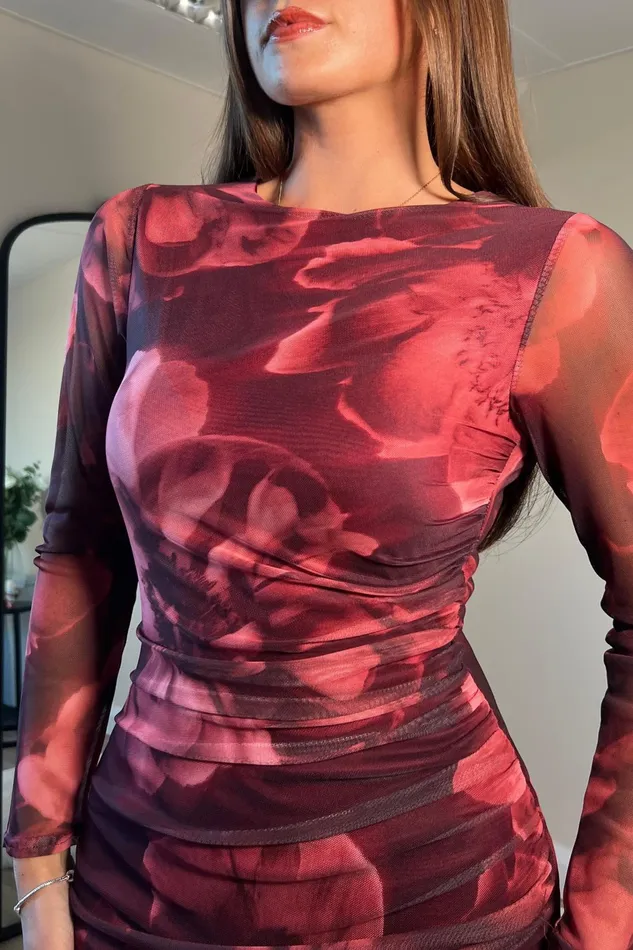 Girl In Mind Midi Dresses Riley Long Sleeve Mesh Midi Dress Wine Floral 8211 Women
