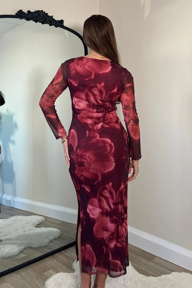 Girl In Mind Midi Dresses Riley Long Sleeve Mesh Midi Dress Wine Floral 8211 Women