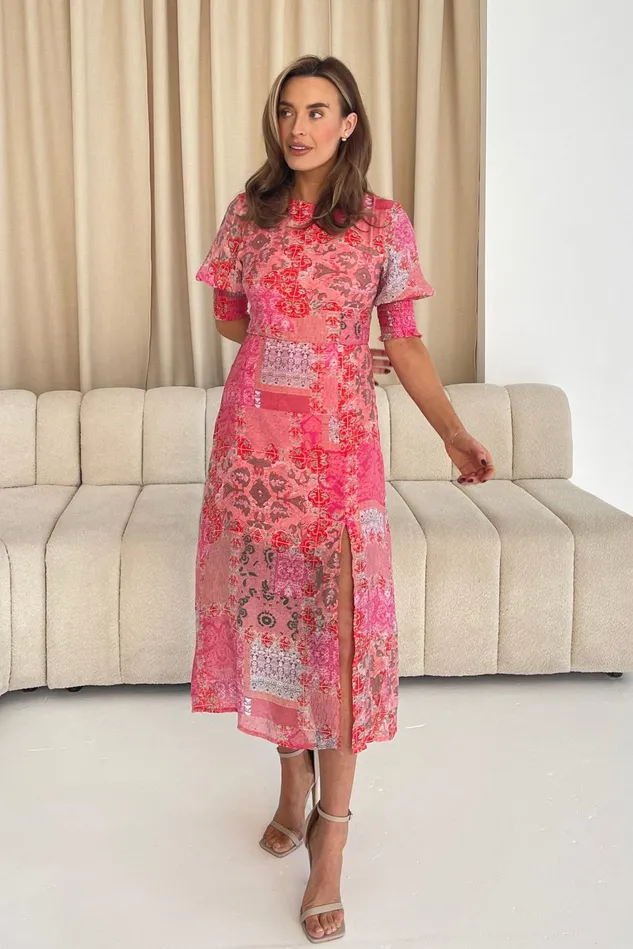 Girl In Mind Midi Dresses Shayla Pink Paisley Print Shirred Cuff Midi Dress 8211 Women