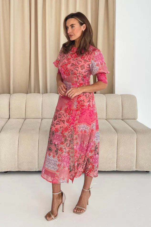 Girl In Mind Midi Dresses Shayla Pink Paisley Print Shirred Cuff Midi Dress 8211 Women