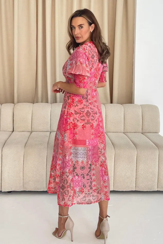 Girl In Mind Midi Dresses Shayla Pink Paisley Print Shirred Cuff Midi Dress 8211 Women