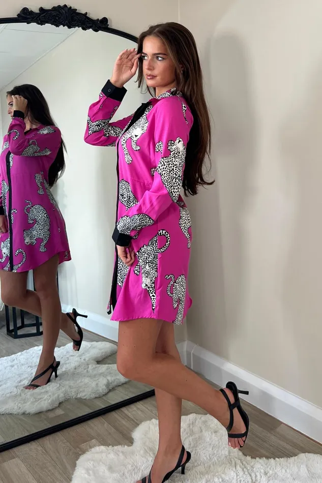 Girl In Mind Mini Dresses Alana Pink Cheetah Print Mini Shirt Dress 8211 Women
