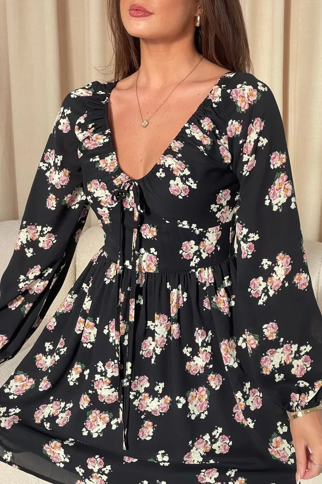 Girl In Mind Mini Dresses Atlanta Gathered Neckline Long Sleeve Mini Dress Black Floral 8211 Women