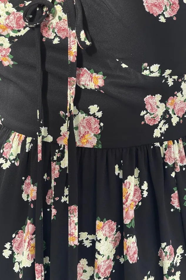 Girl In Mind Mini Dresses Atlanta Gathered Neckline Long Sleeve Mini Dress Black Floral 8211 Women