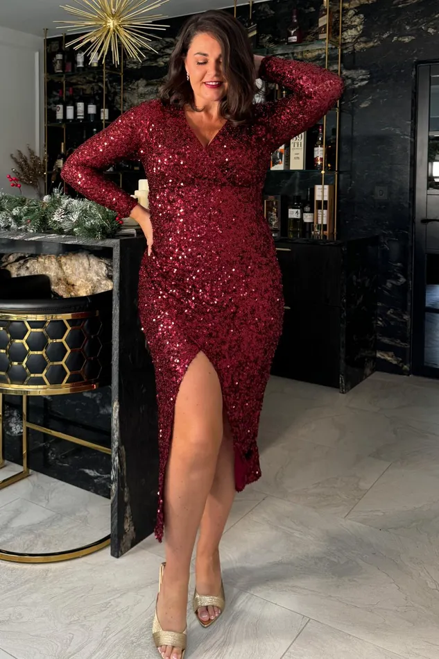Girl In Mind Sequin Dresses Celia Wine Sequin Wrap Midi Dress 8211 Women