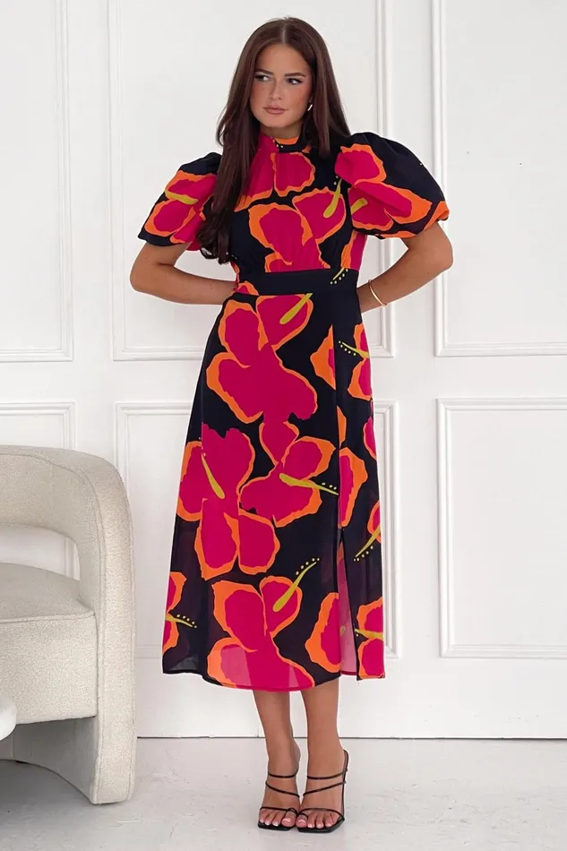 Girl In Mind Sequin Dresses Lilith Red Floral High Neck Puff Sleeve Midi Dress 8211 Women