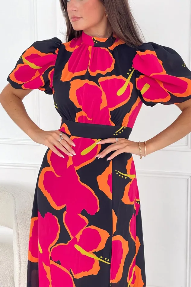 Girl In Mind Sequin Dresses Lilith Red Floral High Neck Puff Sleeve Midi Dress 8211 Women