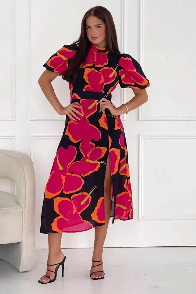 Girl In Mind Sequin Dresses Lilith Red Floral High Neck Puff Sleeve Midi Dress 8211 Women