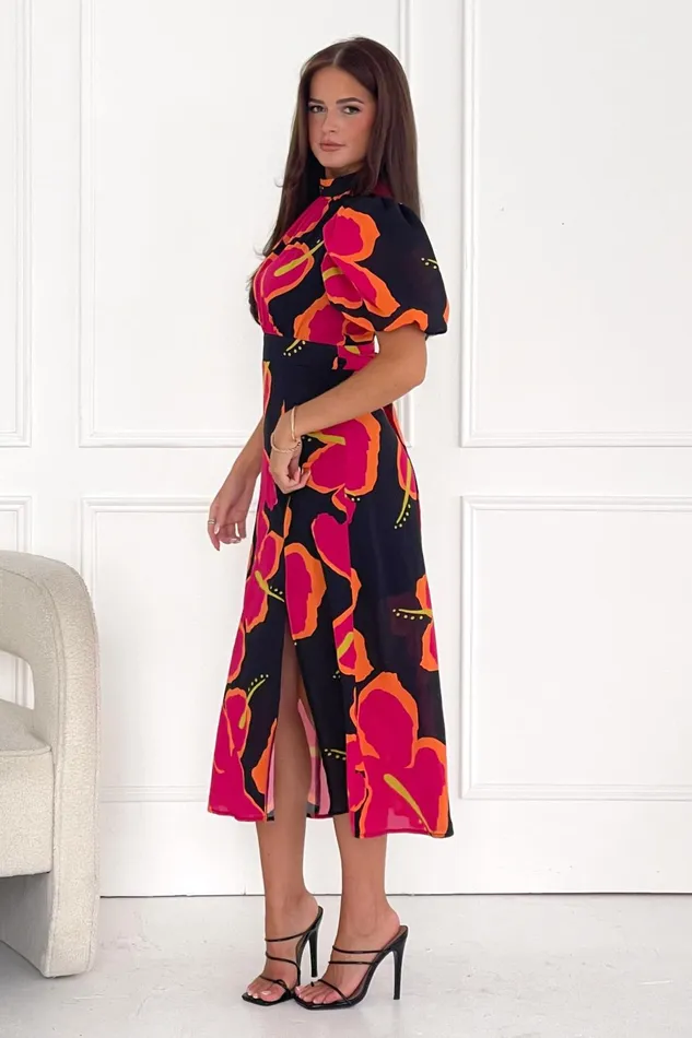 Girl In Mind Sequin Dresses Lilith Red Floral High Neck Puff Sleeve Midi Dress 8211 Women