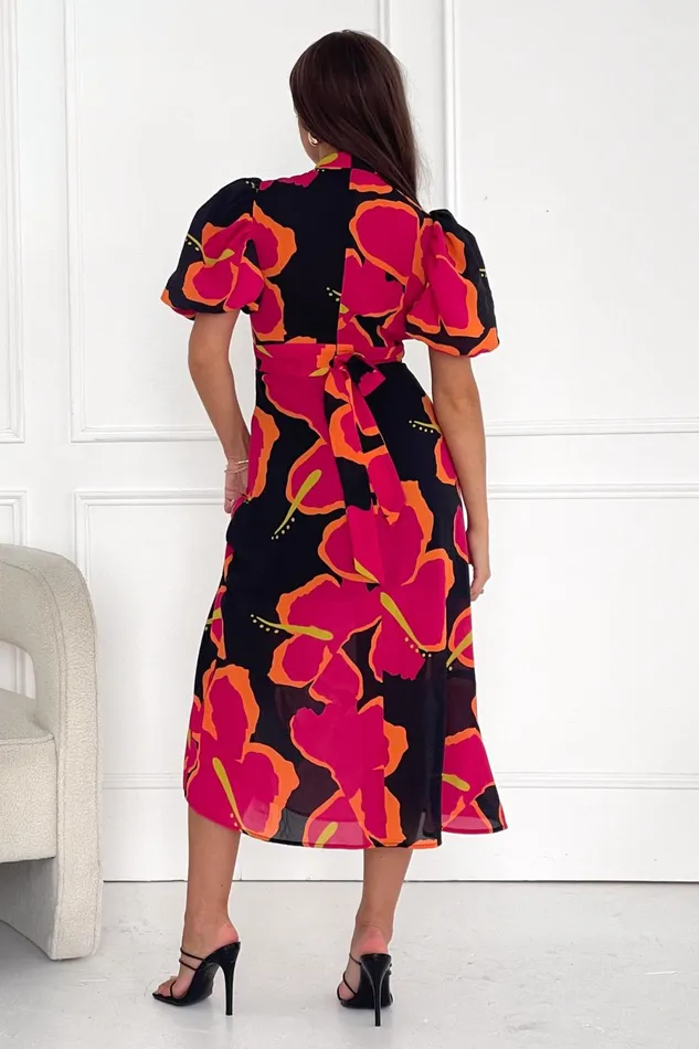 Girl In Mind Sequin Dresses Lilith Red Floral High Neck Puff Sleeve Midi Dress 8211 Women