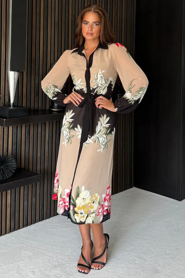 Girl In Mind Shirt Dresses Kaya Contrast Placket Floral Midi Shirt Dress Beige 8211 Women Girl In Mind Shirt Dresses Kaya Contrast Placket Floral Midi Shirt Dress Beige 8211 Women
