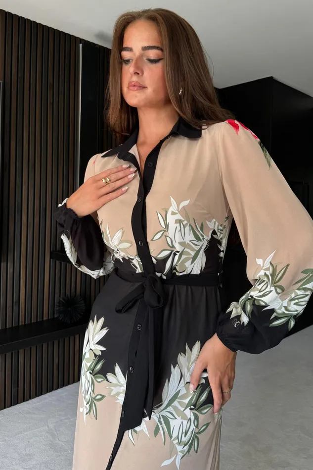 Girl In Mind Shirt Dresses Kaya Contrast Placket Floral Midi Shirt Dress Beige 8211 Women