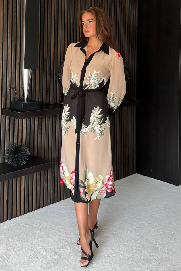 Girl In Mind Shirt Dresses Kaya Contrast Placket Floral Midi Shirt Dress Beige 8211 Women