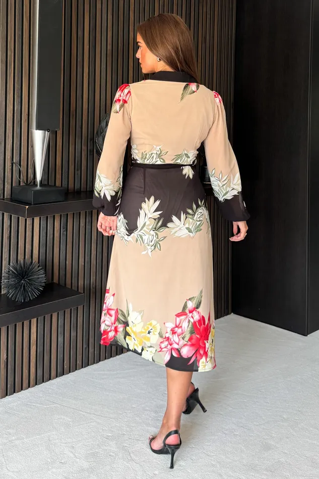 Girl In Mind Shirt Dresses Kaya Contrast Placket Floral Midi Shirt Dress Beige 8211 Women