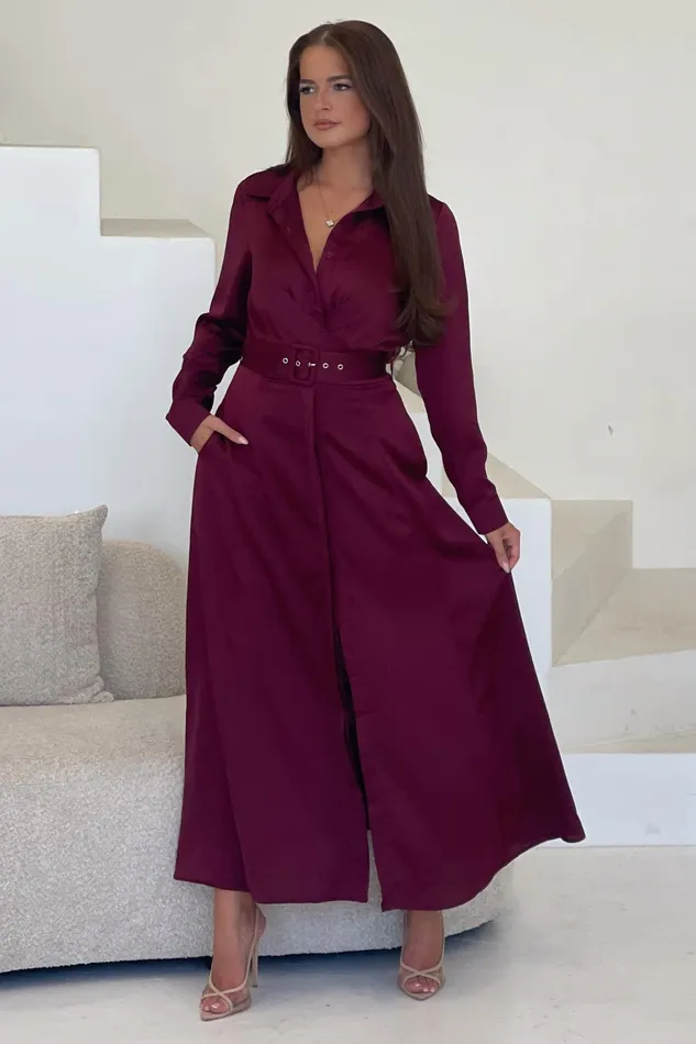 Girl In Mind Shirt Dresses Kira Wrap Detail Mxi Shirt Dress Wine 8211 Women
