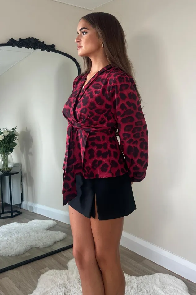 Girl In Mind Tops and Bodysuits Brooke Berry Leopard Tie Front Long Sleeve Top 8211 Women