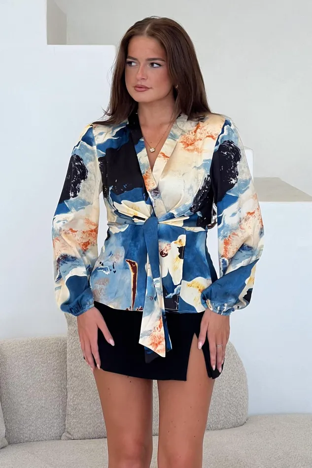 Girl In Mind Tops and Bodysuits Brooke Blue Marble Print Tie Front Top 8211 Women Girl In Mind Tops and Bodysuits Brooke Blue Marble Print Tie Front Top 8211 Women