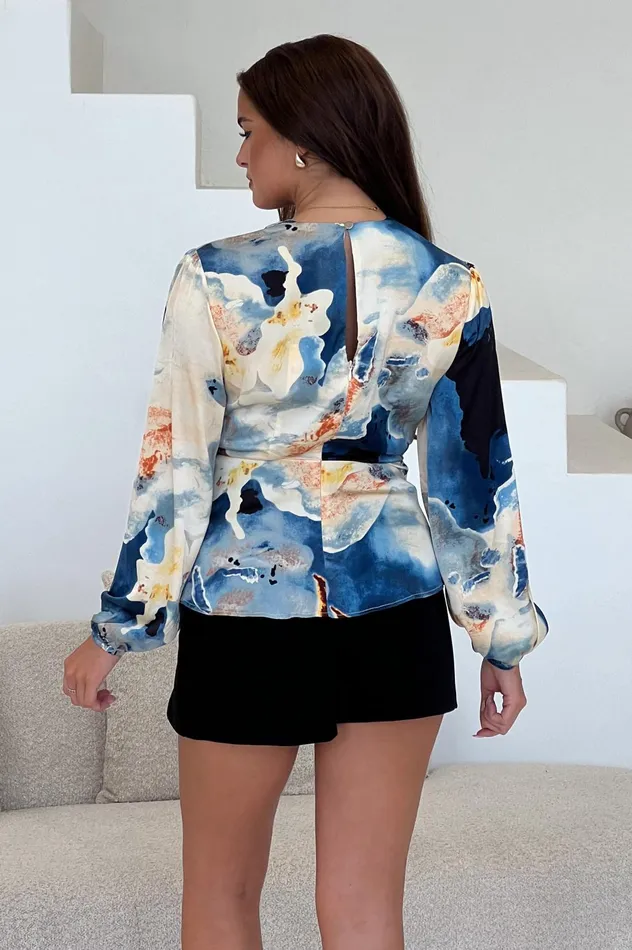 Girl In Mind Tops and Bodysuits Brooke Blue Marble Print Tie Front Top 8211 Women