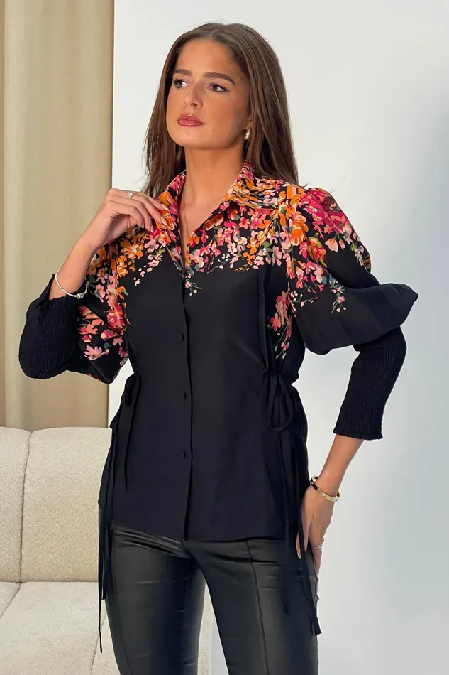 Girl In Mind Tops and Bodysuits Fie Shirred Sleeve Tie Side Shirt Black Floral 8211 Women Girl In Mind Tops and Bodysuits Fie Shirred Sleeve Tie Side Shirt Black Floral 8211 Women