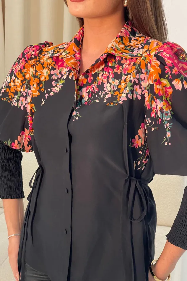 Girl In Mind Tops and Bodysuits Fie Shirred Sleeve Tie Side Shirt Black Floral 8211 Women