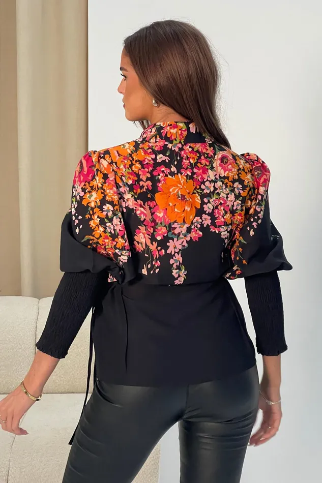 Girl In Mind Tops and Bodysuits Fie Shirred Sleeve Tie Side Shirt Black Floral 8211 Women