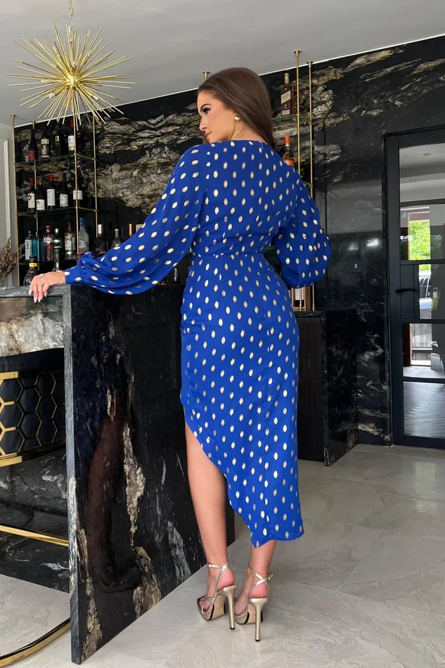 Girl In Mind Wrap Dresses Elsa Cobalt and Gold Foil Long Sleeve Wrap Asymmetric Dress 8211 Women