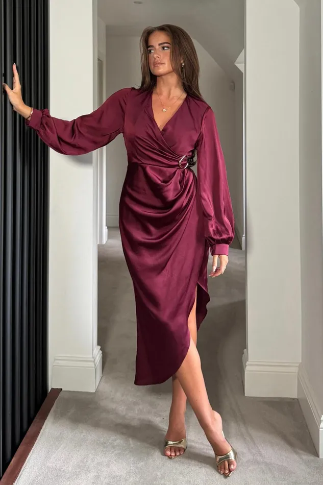 Girl In Mind Wrap Dresses Elsa Gold Buckle Long Sleeve Wrap Asymmetric Dress In Wine 8211 Women Girl In Mind Wrap Dresses Elsa Gold Buckle Long Sleeve Wrap Asymmetric Dress In Wine 8211 Women