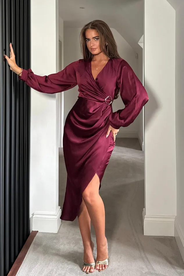 Girl In Mind Wrap Dresses Elsa Gold Buckle Long Sleeve Wrap Asymmetric Dress In Wine 8211 Women