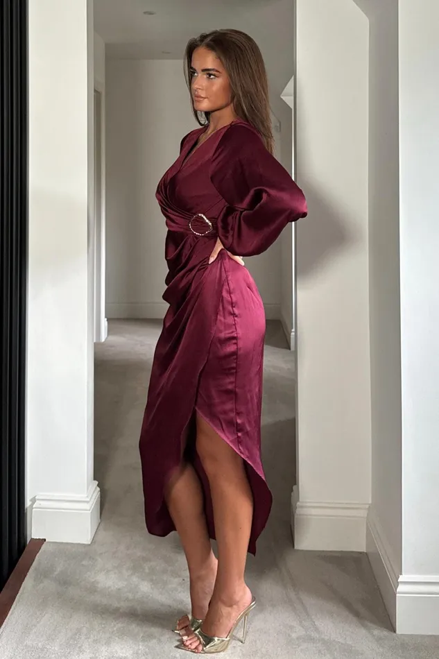 Girl In Mind Wrap Dresses Elsa Gold Buckle Long Sleeve Wrap Asymmetric Dress In Wine 8211 Women