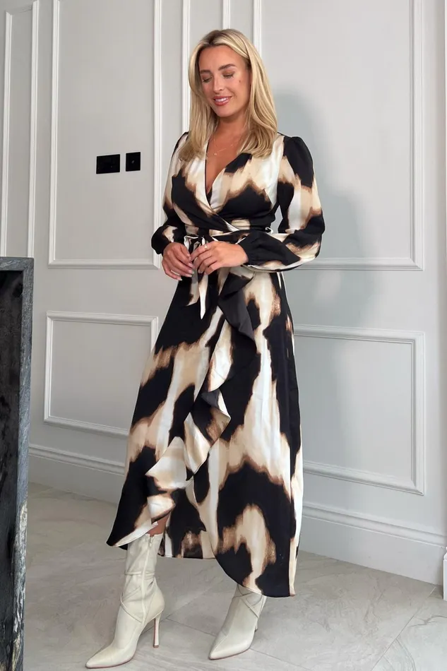 Girl In Mind Wrap Dresses Erin Animal Long Sleeve Split Hem Frill Detail Maxi Dress 8211 Women