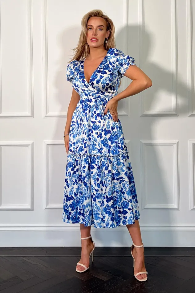 Girl In Mind Wrap Dresses Maya Wrap Tierred Midi Dress Blue Floral 8211 Women Girl In Mind Wrap Dresses Maya Wrap Tierred Midi Dress Blue Floral 8211 Women