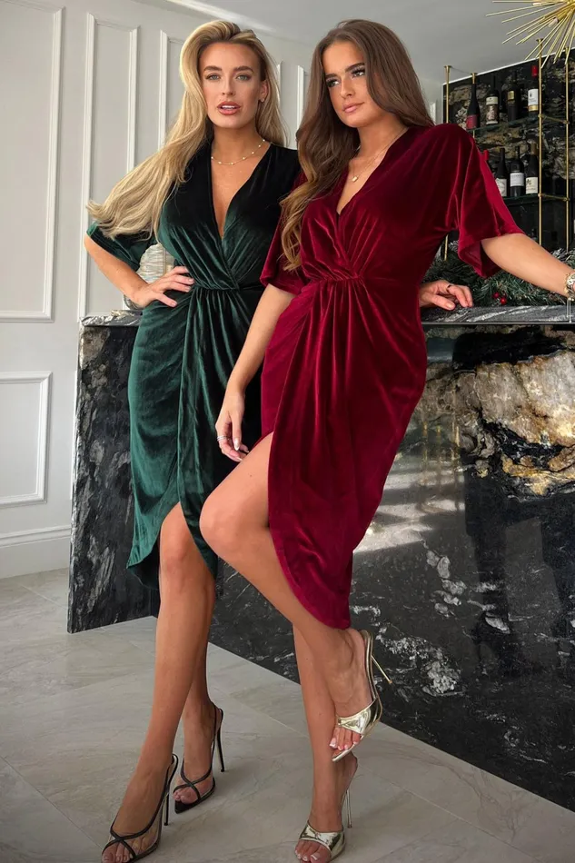 Girl In Mind Wrap Dresses Siena Emerald Velvet Wrap Detailing Midi Dress 8211 Women