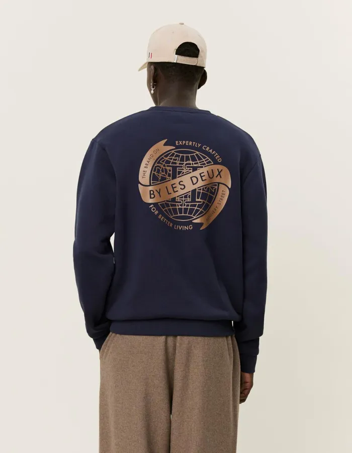 HoodiesSweatshirts Men Les Deux Globe Sweatshirt 8211 Dark NavyTobacco Brown