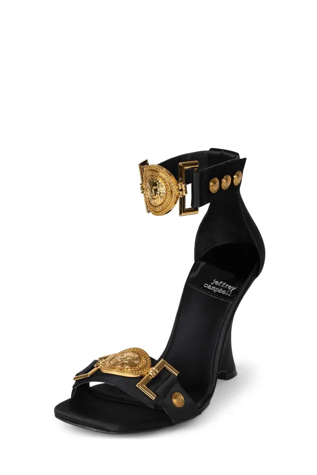 Jeffrey Campbell LEONITE Black Satin Gold Women Heel