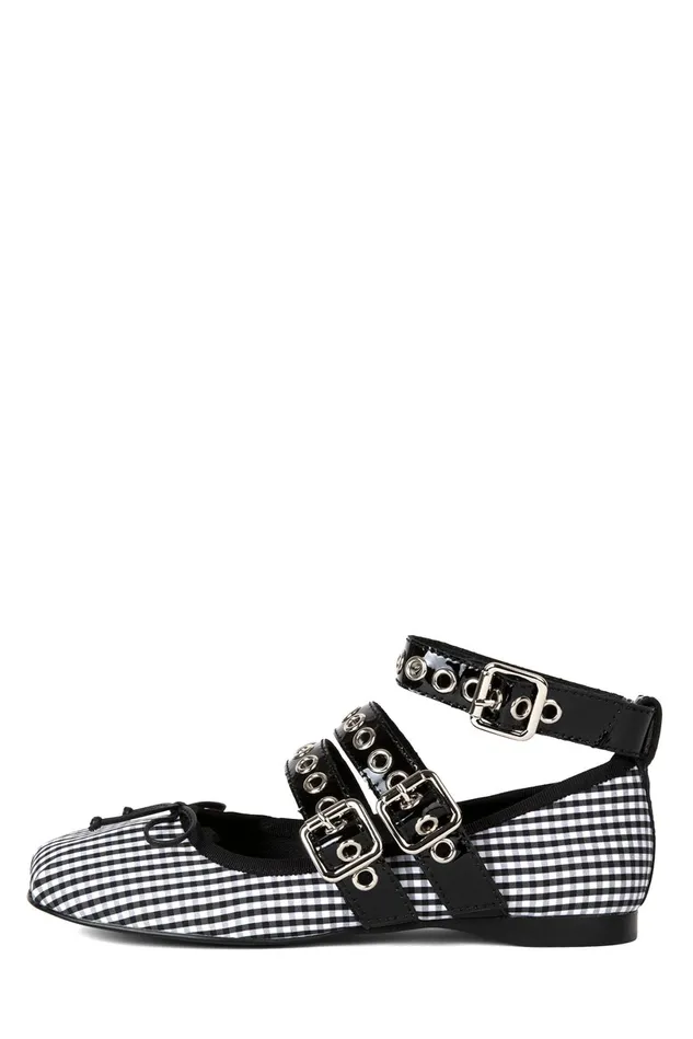 Jeffrey Campbell RINA White Gingham Black Patent Women Ballet Flats
