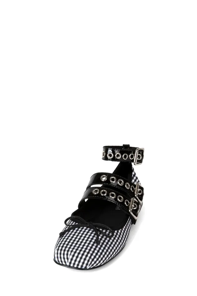 Jeffrey Campbell RINA White Gingham Black Patent Women Ballet Flats