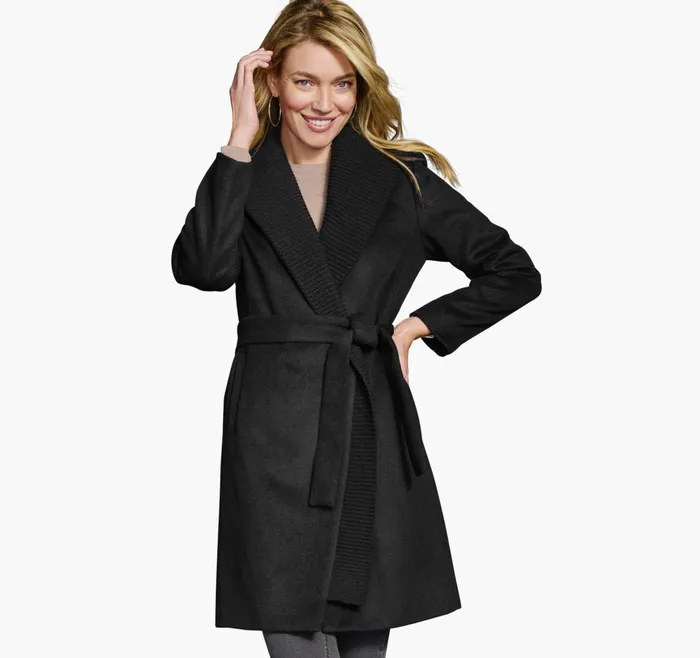 JohnstonandMurphy Coats Jackets and Vests WoolBlend Coat With Removable Knit Collar Black 8211 Women
