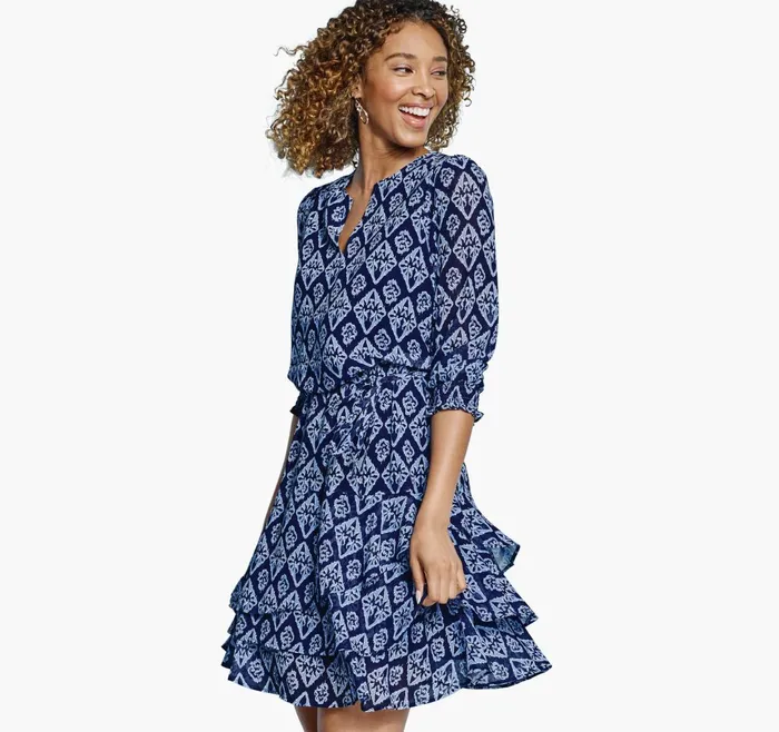JohnstonandMurphy Dresses and Jumpsuits Tiered VNeck Print Dress Navy Ikat 8211 Women